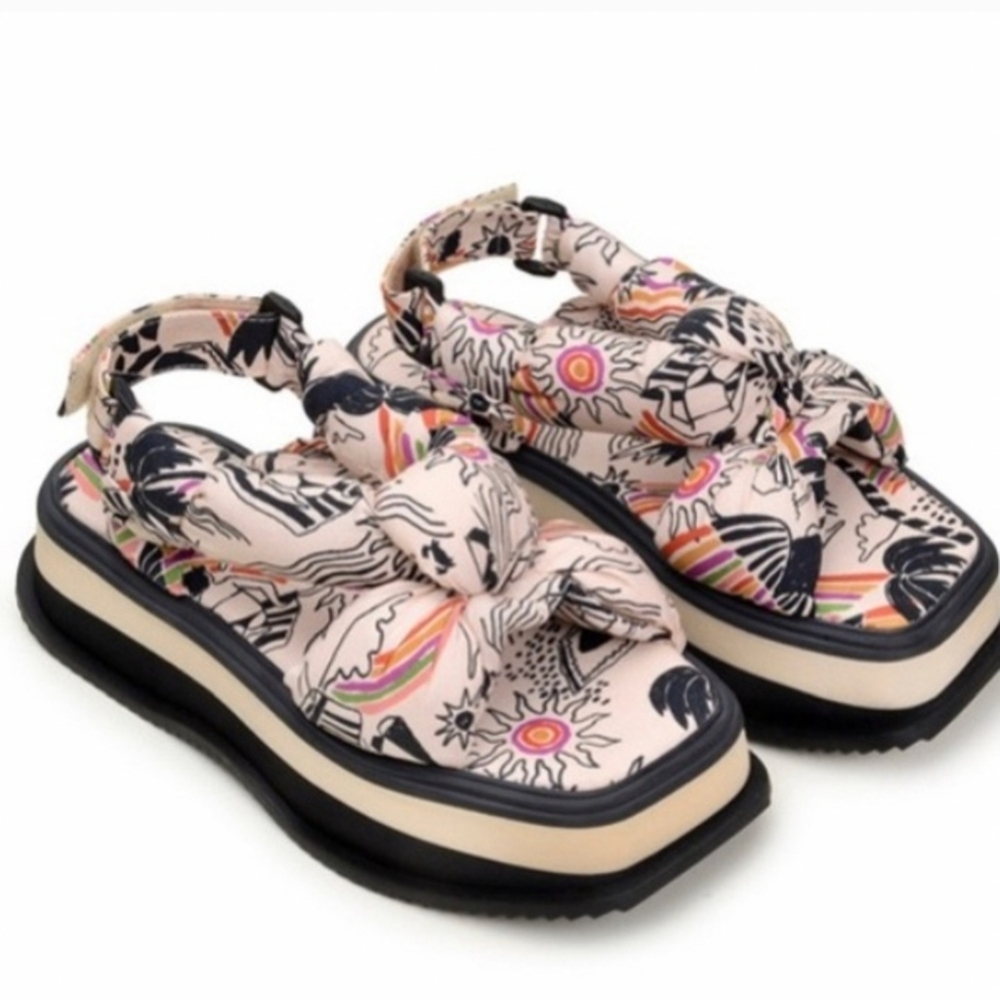 Farm Rio Birds Scarf  Platform Sandals Size 36